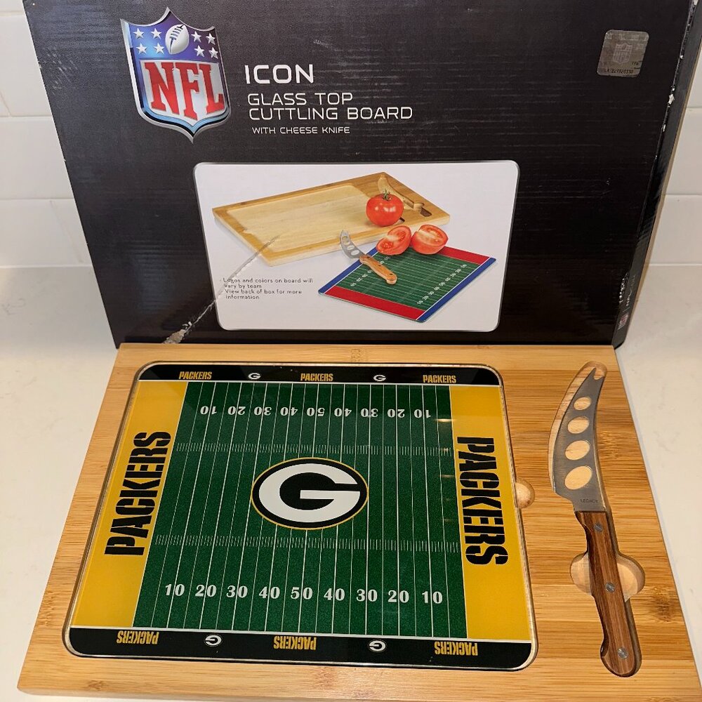 NFL Icon Green Bay Packers Glass Top Cutting Board with Cheese Knife